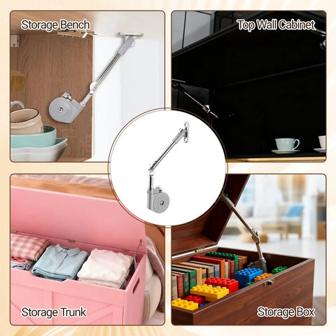 2 Pack 105 Degree Lid Stay With Soft Close Hinges installed on storage bench, cabinet, trunk, and box