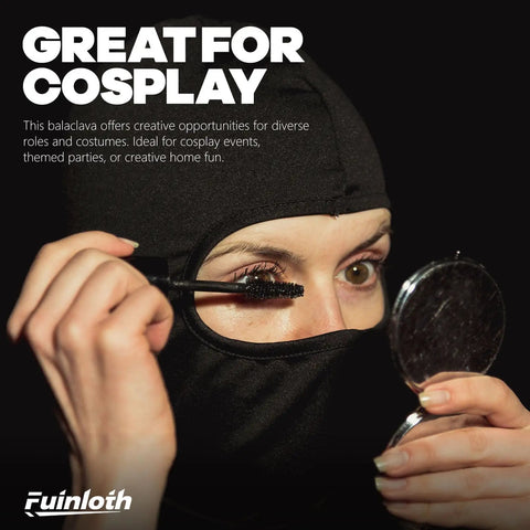 Go To Balaclava Ski Mask Neck Gaiter for men and women with UV protection, woman applying makeup for cosplay in black mask