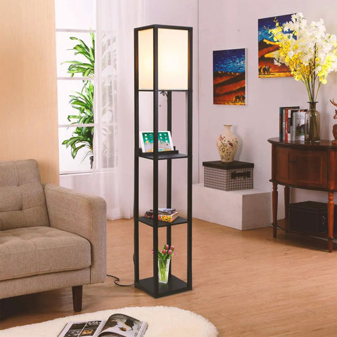 Maxwell Shelf Floor Lamp With USB Ports, Wireless Charging Pad, And Built In Outlet in living room, black finish