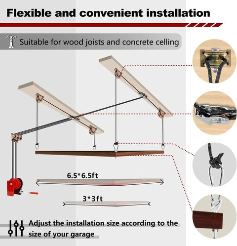 Flexible installation guide for Heavy Duty Ceiling Mounted Garage Storage Lift System With Hand Crank Easy To Install One Person Operation Lifts Items Up To 16 Feet For Effortless Space Saving And Top Notch Garage Organization