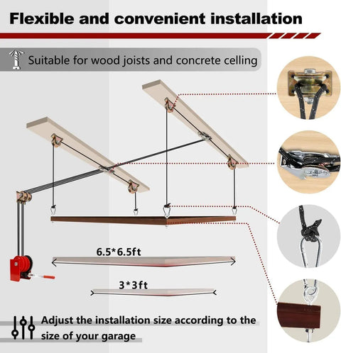 Diagram of Heavy Duty Ceiling Mounted Garage Storage Lift System With Hand Crank One Person Operation Lifts Heavy Gear Up To 16 Feet.