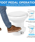 Person using RV Toilet Foot Pedal Kit For Dometic 300 310 311 320 321 Series Toilets, demonstrating foot pedal operation.