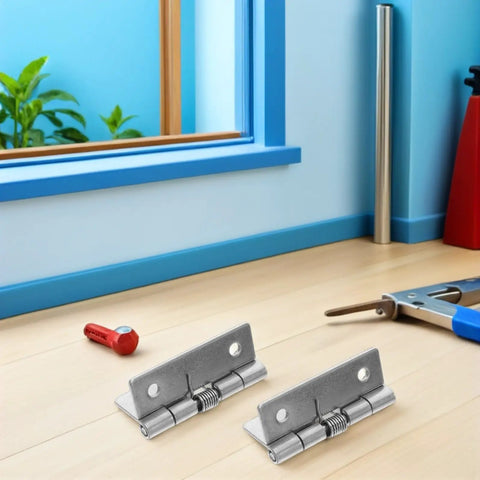 Hardcore Stainless Steel Self Closing Hinges Rock Solid Spring Loaded Door Hardware, shown on wooden floor with tools