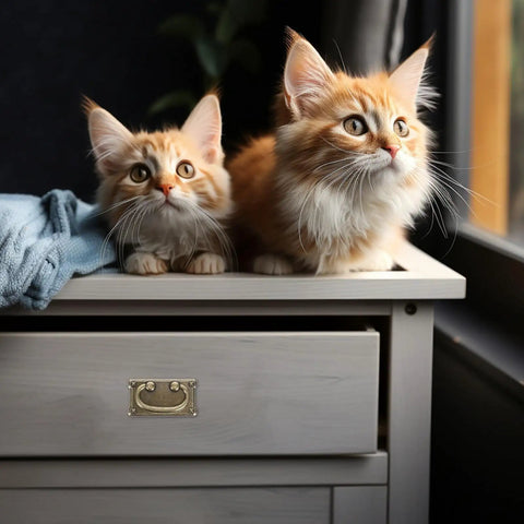 Two orange tabby kittens sitting on a light wood cabinet with a vintage zinc alloy handle in a cozy room.