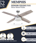 Memphis 52 Inch Contemporary Indoor LED Ceiling Fan With Light Pull Chain Dual Mounting Options And Reversible Motor Four Dual Finish Blades Pewter Finish For Modern Coastal Farmhouse Vibe featuring dual finish blades and dual mounting options.