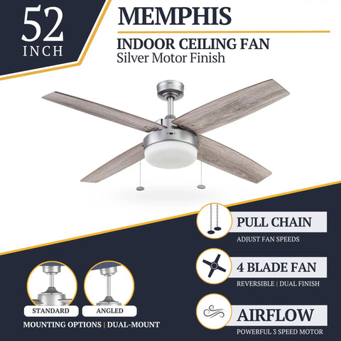 Memphis 52 Inch Contemporary Indoor LED Ceiling Fan With Light Pull Chain Dual Mounting Options And Reversible Motor Four Dual Finish Blades Pewter Finish For Modern Coastal Farmhouse Vibe featuring dual finish blades and dual mounting options.