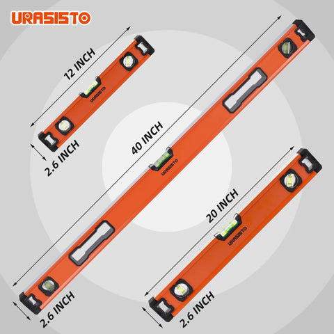 Heavy Duty 12 20 40 Inch Spirit Level Set Featuring A Magnetic Torpedo Pro Grade Aluminum Build shown in sizes with clear bubbles.