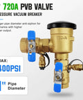 Brass 1-inch PVB backflow preventer assembly with blue lever shut-off valves and black top cover.