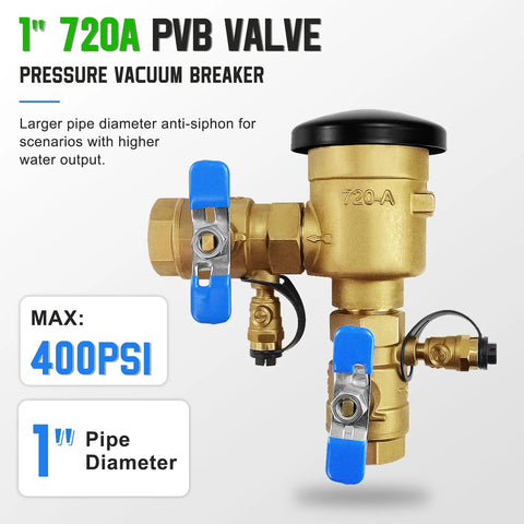 Brass 1-inch PVB backflow preventer assembly with blue lever shut-off valves and black top cover.