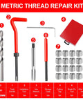 Metric thread repair kit with M8x1.25mm inserts; red storage case, 20 wire thread inserts; includes drill bit and tools.