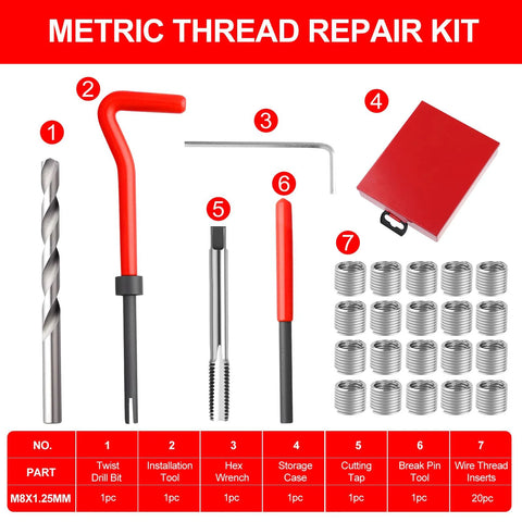 Metric thread repair kit with M8x1.25mm inserts; red storage case, 20 wire thread inserts; includes drill bit and tools.