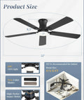 Modern 52 Inch Ceiling Fan With Light And Remote, Slick Low Profile Setup For Living Space with size and features overview.