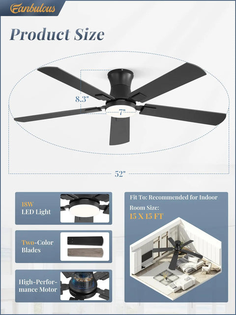 Modern 52 Inch Ceiling Fan With Light And Remote, Slick Low Profile Setup For Living Space with size and features overview.