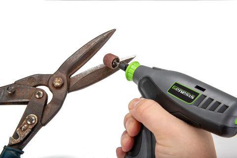 Genesis 8V Variable Speed Rotary Tool Kit sanding rusty scissors blade with precision attachment