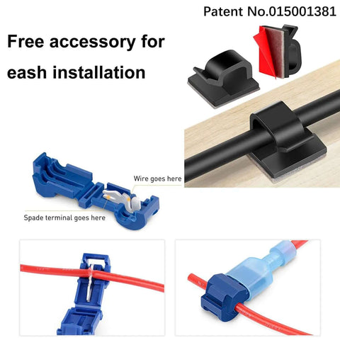 Collage of installation accessories for Water Drop Paste Type Button Switch SPST 12V-230V 10A with wire and connector details
