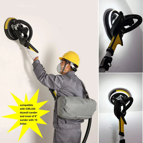 Worker using Nine Inch 10 Hole Hook And Loop Sanding Discs Set 30 Pcs Pro Grade on drywall sander, three angles shown