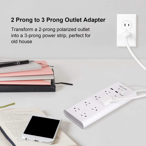 8 Outlet Power Strip With 6 Ft Extension Cord, 3 USB Ports, shown in white under desk setup
