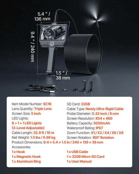 Triple Lens Endoscope With Ultra Rigid Thirty Two Point Eight Feet Cable Industrial Borescope With Light Five Inch IPS Screen IP67 Waterproof LED Lights Eight X Zoom Pro Grade Build Snake Camera For Auto And Plumbing showing 5-inch screen, 32.8 ft cable, and accessories