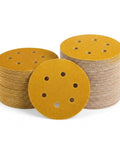 100 Pack 6 Inch 6 Hole Sanding Discs Set Dope Value, Hook And Loop Round Sandpaper, stacked piles of various grits