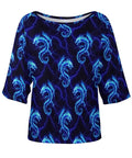 Casual Boat Neck Womens Tee With Short Sleeves In Lightweight Stretchy Poly Spandex Blend Blue Lightning Dragon Print