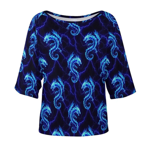 Casual Boat Neck Womens Tee With Short Sleeves In Lightweight Stretchy Poly Spandex Blend Blue Lightning Dragon Print