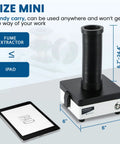 Desktop Mini Solder Fume Extractor With 3 Stage Filters, Space Saving Smoke Absorber next to tablet for size comparison.