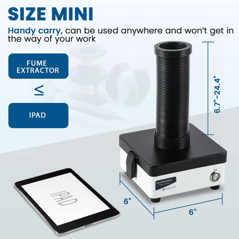 Desktop Mini Solder Fume Extractor With 3 Stage Filters, Space Saving Smoke Absorber next to tablet for size comparison.