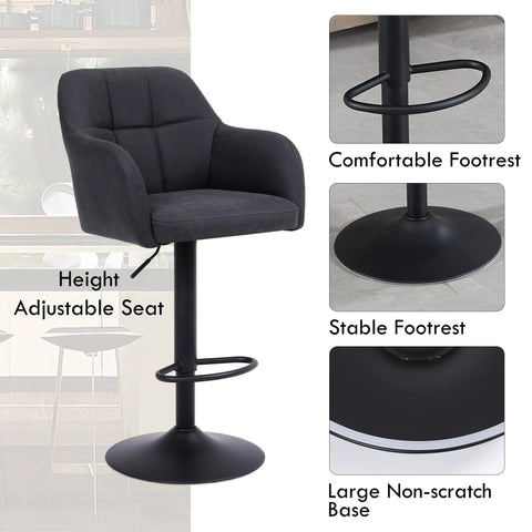 Swivel Adjustable Faux Leather Bar Stools Set Of 2 With Armrests Dope Modern Upholstered Counter Chairs With Metal Footrest For Kitchen Island Home Bar And Dining Room Dark Grey, showing single stool with adjustable height, cushioned seat, armrests, and a large metal footrest.