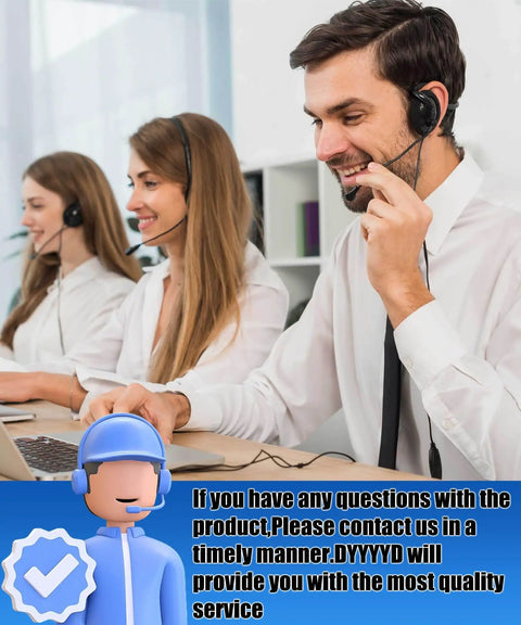 Customer service representatives wearing headsets at call center, providing quality assistance, text indicates contact for service.