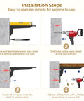 Installation steps for Beefy Heavy Duty L Shelf Brackets 6 Pack Matte Black 20 By 5.6 Inch, showing placement and drilling process