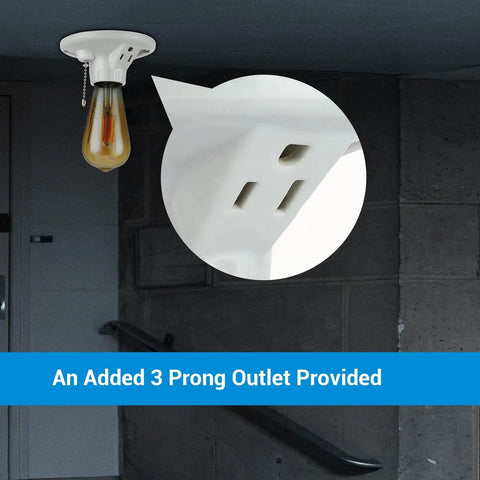 Porcelain Pull Chain Light Socket with Grounded Outlet, E26 E27 Base, UL Listed, 3-prong outlet shown in basement setting