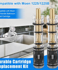 Two Pack Brass Dual Seal Faucet Cartridge Replacement For Moen 1225 1225B Single Handle Faucets with kitchen sink background