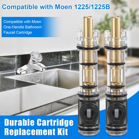 Two Pack Brass Dual Seal Faucet Cartridge Replacement For Moen 1225 1225B Single Handle Faucets with kitchen sink background