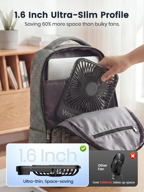 10000mAh Portable Travel Fan 7 Inch All Day Battery Life Up To 24 Hours Ultra Thin Quiet Rechargeable Desk Fan in backpack