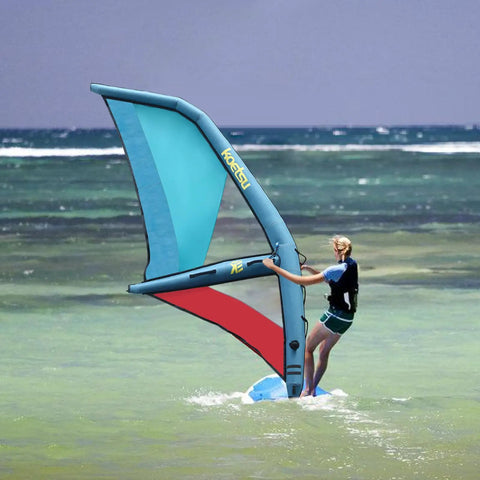 Person using Inflatable Sail For Wing Foil Boards, 360 Degree Rotatable Base, 45.2ft2 Sail Area, PVC Wing Shaped Board Gear at sea.