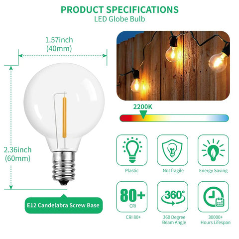 G40 LED Globe Bulbs 1.57 Inch E12 Base Shatterproof Warm White For Outdoor String Lights 1W Equivalent To 5W Incandescent 25 Pack Retro Edison Style Patio Lighting product specifications with diagram and features.