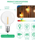 G40 LED Replacement Bulbs 1 Watt Shatterproof Globe Bulbs For Indoor Outdoor String Lights With E12 C7 Candelabra Screw Bases Warm White 1.57 Inch Globe 50 Pack product specifications, including dimensions and images showing the warm glow of string lights on a wooden fence.