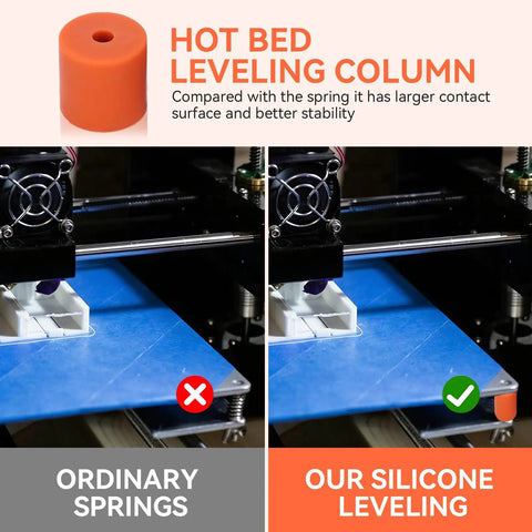 Comparison of silicone bed leveling mounts and springs for 3D printers, showing stability with Silicone Bed Leveling Mounts For 3D Printer 12 Pack Solid Column Heatbed Stabilizers Replacing Springs 16mm Height No Wobble Quiet Shock Absorption Easy Install Precise Leveling For Smooth Prints