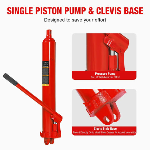 Heavy Duty Hydraulic Long Ram Jack 3 Ton Capacity Engine Hoist Cylinder With Clevis Base And Single Piston Pump Sweeping Grunt Work Off Shop Floors And Farm Barns With Smooth Descent Control Built Like A Tank For Daily Use