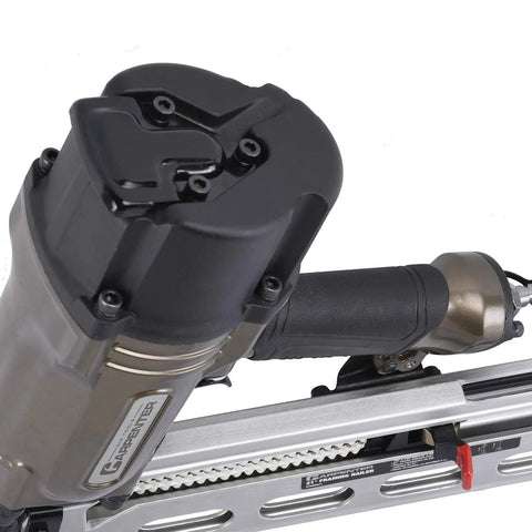 21 Degree Full Round Head Framing Nailer With Tool Free Depth Adjustment close-up showing aluminum body and rubber grip.