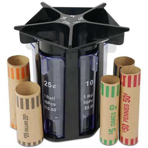 5 In 1 Coin Sorter Tube With Counter And Wrappers, showing transparent compartments for sorting pennies, nickels, dimes, quarters, and dollars