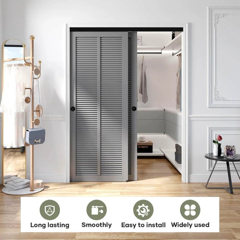 Double Sliding Pocket Door Bypass Hardware Kit 5ft Aluminum Track Pro Grade Quiet Glide Smooth Rollers Easy Install Bypassing Closet Door Rail Black Finish Heavy Duty Commercial Style