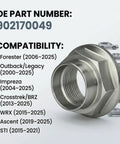Heavy Duty Two Pack CV Axle Spindle Nuts For Subaru Forester Outback Legacy Impreza showing compatibility details and part number.