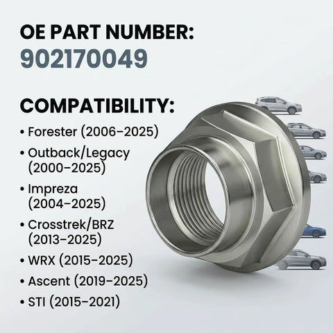 Heavy Duty Two Pack CV Axle Spindle Nuts For Subaru Forester Outback Legacy Impreza showing compatibility details and part number.