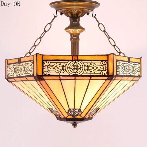 Tiffany Style Yellow Hexagon Stained Glass Ceiling Light Fixture That Pops, Mission Semi-Flush Mount Lamp, 16 Inch, Day View