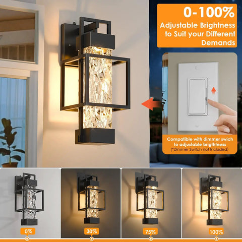Knockout Two Pack Dusk To Dawn Outdoor Wall Sconces With Built In Photocell Waterproof Black Coach Lanterns Dimmable Porch Lights at 100% brightness.
