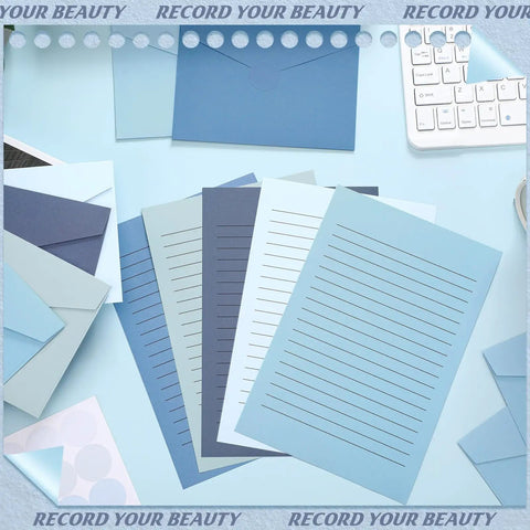 All In One Blue Letter Writing Paper And Envelope Set With 50 Lined Papers 50 Envelopes And 50 Stickers Includes A Safe Box for easy storage