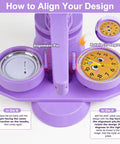 Lavender Purple Button Maker Machine With 30 Complete Pin Press Parts And Totally Rad DIY Badge Crafting Kit showing alignment diagram.