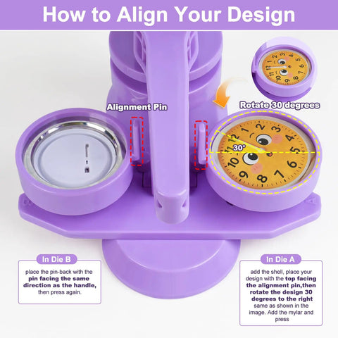 Lavender Purple Button Maker Machine With 30 Complete Pin Press Parts And Totally Rad DIY Badge Crafting Kit showing alignment diagram.