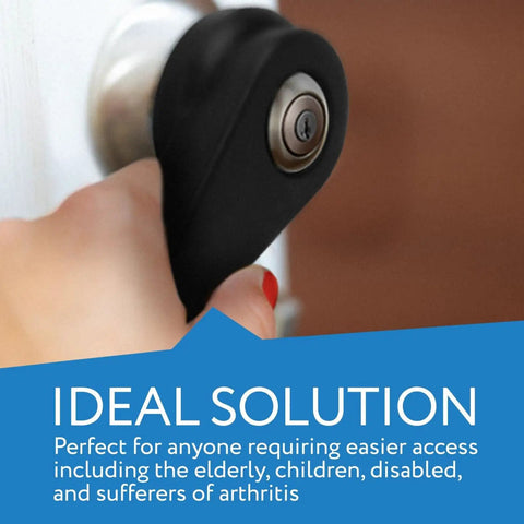 Hand turning doorknob with Door Knob Extension 2 Pack Soft Black Rubber For Two To Two And A Half Inch Ball Shaped Doorknobs Slip Resistant Grip Easy Install